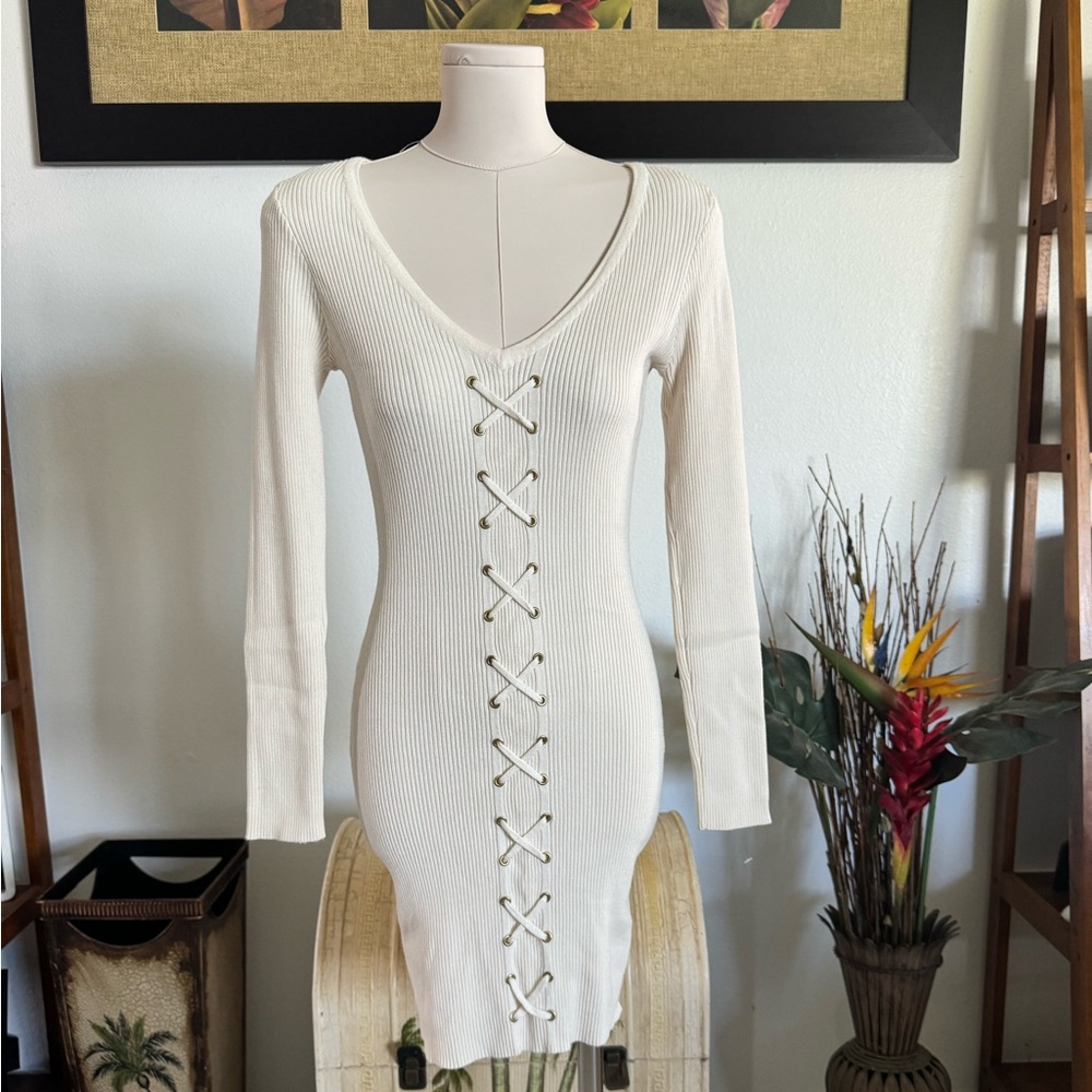 G by Guess Women's Sweater Cream Ivory Lace Up Dress NWOT Ribbed Knee Length
